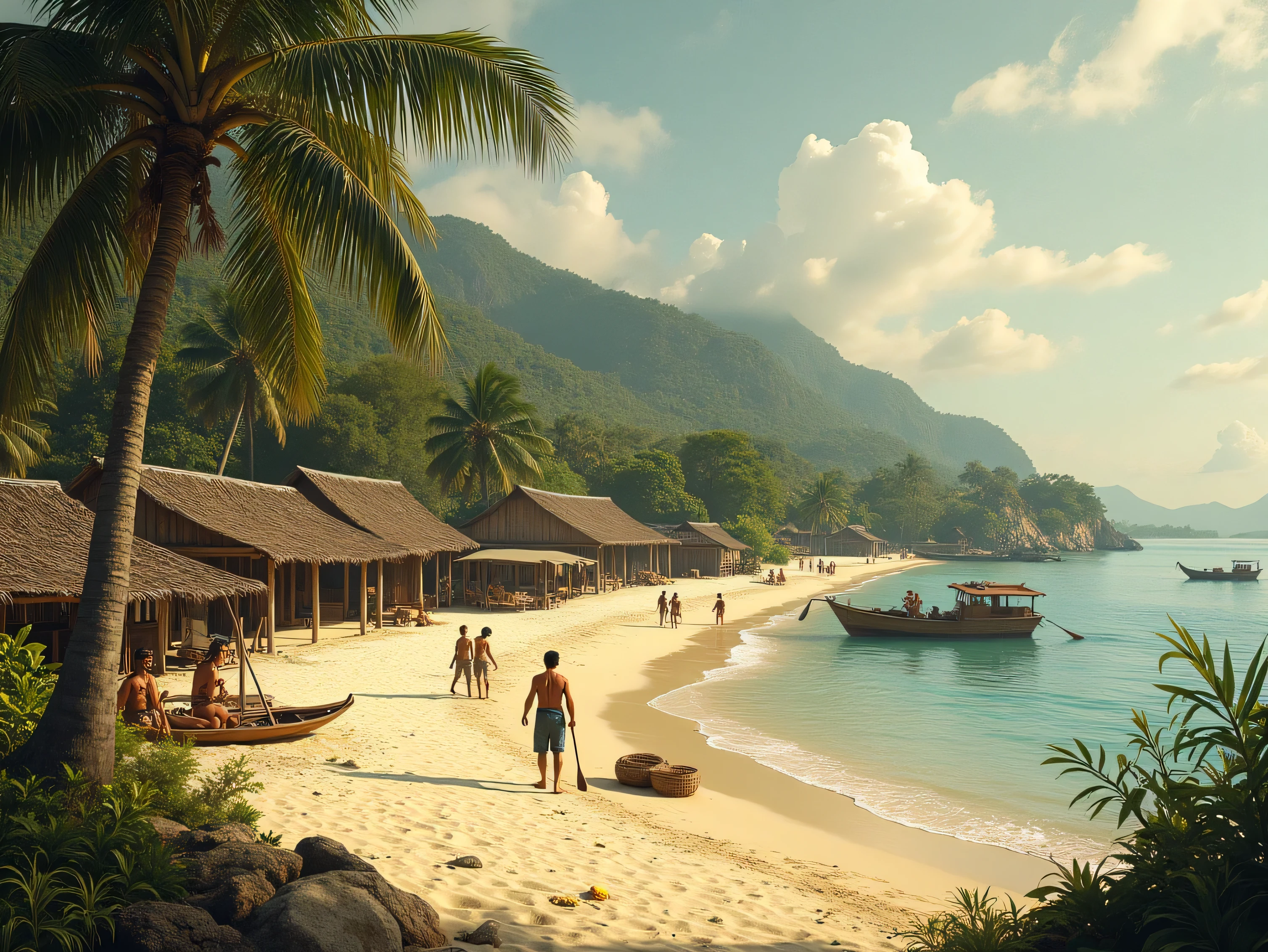 Create a detailed image capturing the daily life of fishermen in a remote Indonesian village. The scene should feature a small, traditional fishing village by the sea, with wooden boats docked near the shore. Fishermen are seen mending nets, preparing their boats, and chatting with each other. The village houses are simple, built from wood and bamboo, with thatched roofs. Surrounding the village are lush tropical forests and mountains in the background. The sea is calm, reflecting the warm hues of the sunrise, casting a golden light over the entire scene. Some villagers are seen walking along the beach, while others are tending to their small market stalls selling fresh fish. Include a sense of community and tranquility, highlighting the harmony between the villagers and their natural surroundings