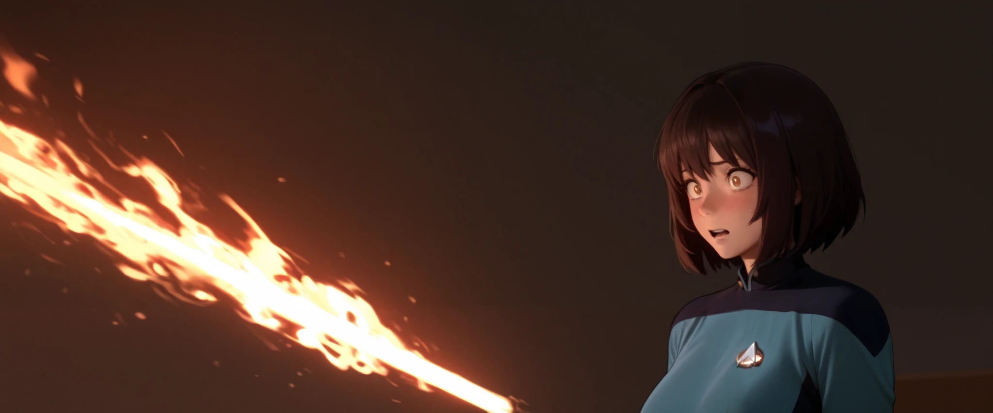 masterpiece,best quality,
solo, in TNG blue uniform, caught in frenzy exposion, as they are hurdled into fire, and blazing danger