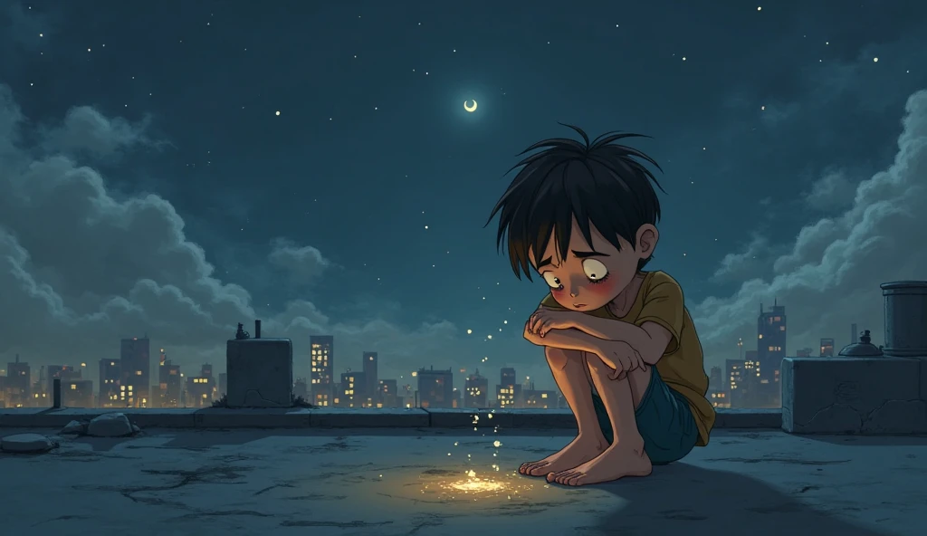 A boy sit in taris in night felling saddness