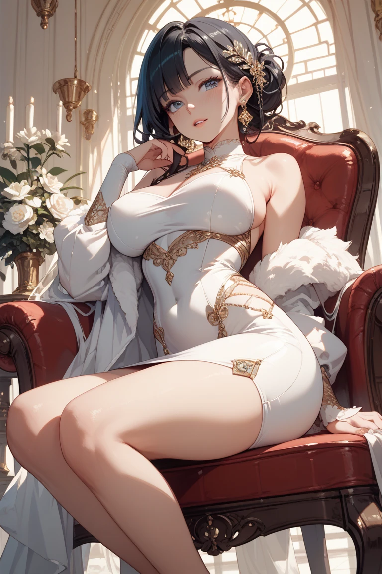 female ghost, sitting, masterpieces, no shock, hyper detail, 16K, smooth legs, shiny, mature looking, underboobs, perfect body shape, bare shoulder