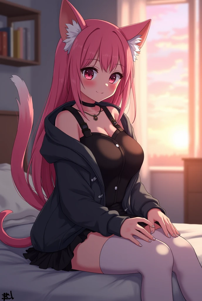 Masterpiece, Solo, Slender face, elongated, (Straight hair : 1.3), (Red eye: 1.3), (Pink hair White mesh: 1.2), Large cleavage, Slim, Angled from the side, (Hyponytail: 1.3), Wearing a chest cropped T-shirt, Full body, Light blue lace light lingerie, Embarrassing, Apartment, , Wearing Pink and White Thigh highs, Wearing Black and white Sport-Shorts, Wolf ears and tail, Arms crossed below breasts, Wearing hoodie off-shoulders