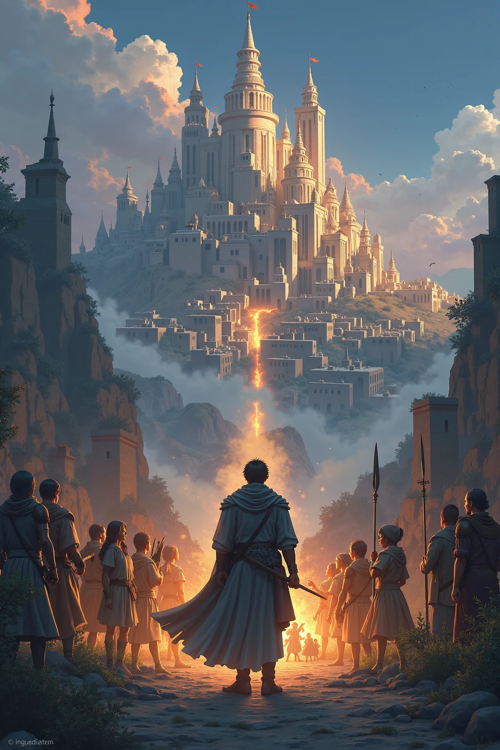 A man stands on top of a hill，observando em baixo separados por um muro gigante ao meio, On the left are destroyed buildings with a black cloud over the buildings showing something sober, On the right is a beautiful, well-lit humble village with rays of yellow sunshine overhead demonstrating something happy, 8K ultra detalhado