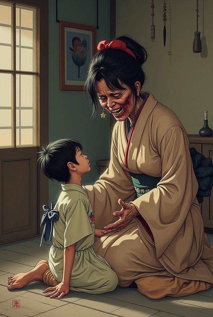 A Japanese grandmother with a loving face sits on the floor after her house catches fire and tries to protect her crying child.