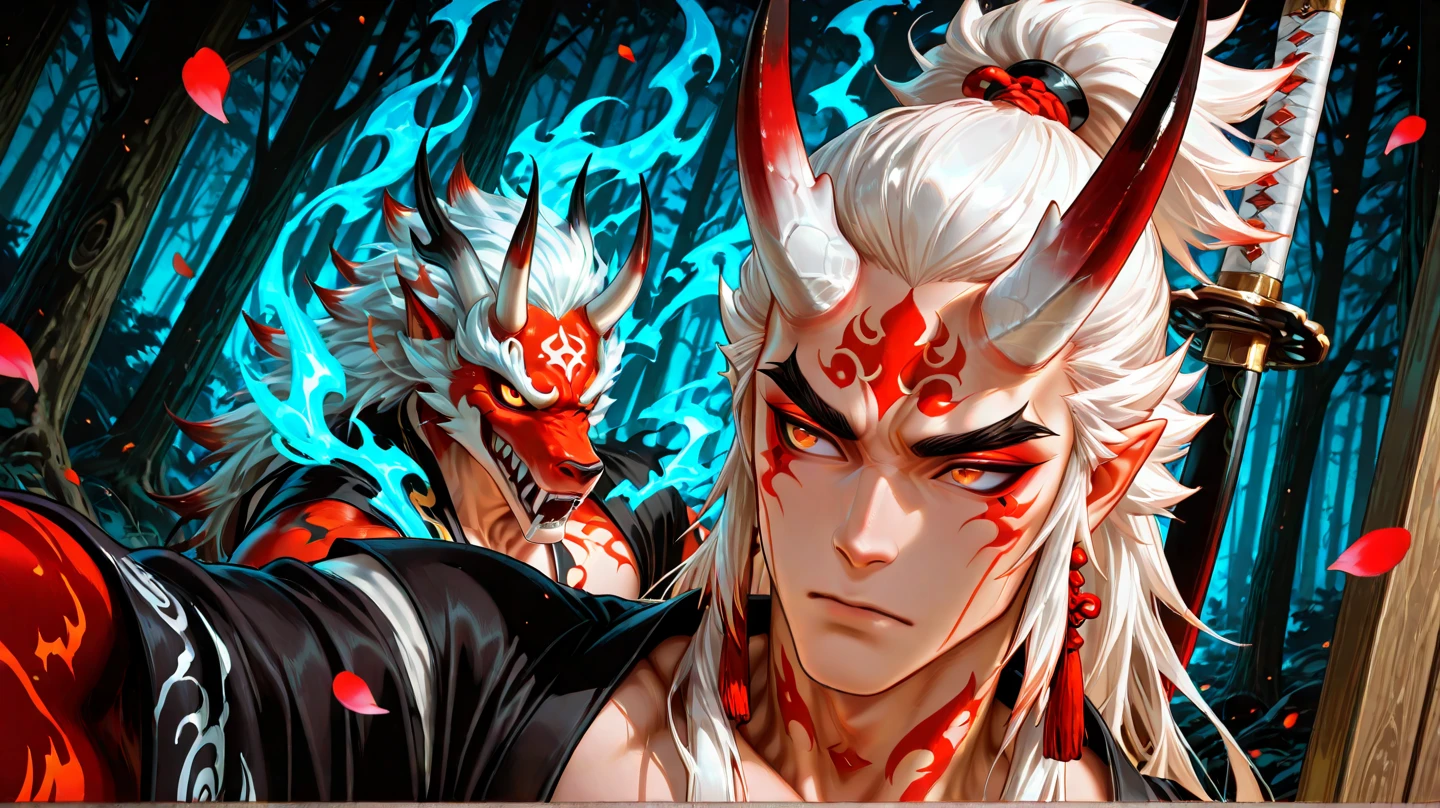 Make a logo of a samurai face with a Japanese demon mask and piercings in black and white
