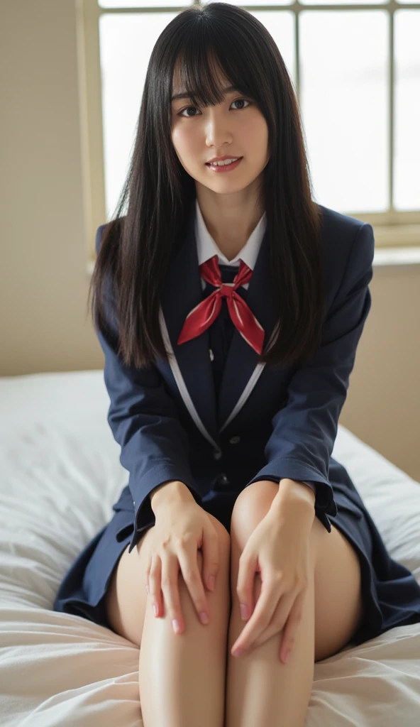 (realistic silk panties:1.3),(Looking directly at Viewer:1.5),(big smile:1.2)32K, masterpiece, Raw photo, Best Quality, Photorealistic, Highly detailed CG Unity 32K wallpaper, depth of fields, Cinematic Light, Lens Flare, Ray tracing, (Extremely beautiful face, Beautiful lips, Beautiful eyes), intricate detailed face, ((Ultra detailed skin)) 1girl in, deep shadow, Cutest Pretty Japanese girl, Super Idol, 1 girl,(Happy smile:1.3), Clear eyes, Front shot, (pale skin), (Big eyes:1.2), Face forward, (Brown hairs), thick thighs, (Japanese school uniform:1.1),(double eyelies:1.3),long eyelashes,(white panties:1.2),balanced elegant face,(small mouth:1.1),drooping eyes, cubby ass, big hip