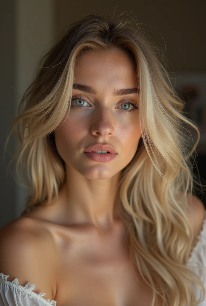 Arafed woman completely , fille sexy aux yeux bleus, ultra realist, Meticulously detailed, Portrait Sophie Mudd, cheveux blonds et grands yeux, selfie of a young woman, Yeux de chambre, Violet Myers, sans maquillage, maquillage naturel, looking straight at camera, Visage avec Artgram, Maquillage subtil, Great photo of the whole body kneeling on the bed, dans la chambre, Medium to large bust