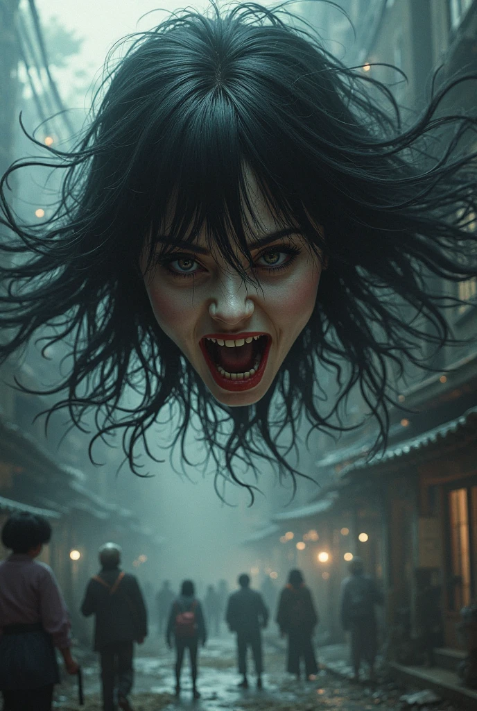 Japanese Yokai、Horror images、A woman&#39;s head flying in the air、Long black hair、With bangs、Japanese women、have an angry face with teeth bared、A head flying through the air and attacking people、Beautiful face、Tears of blood flow from the eyes、
