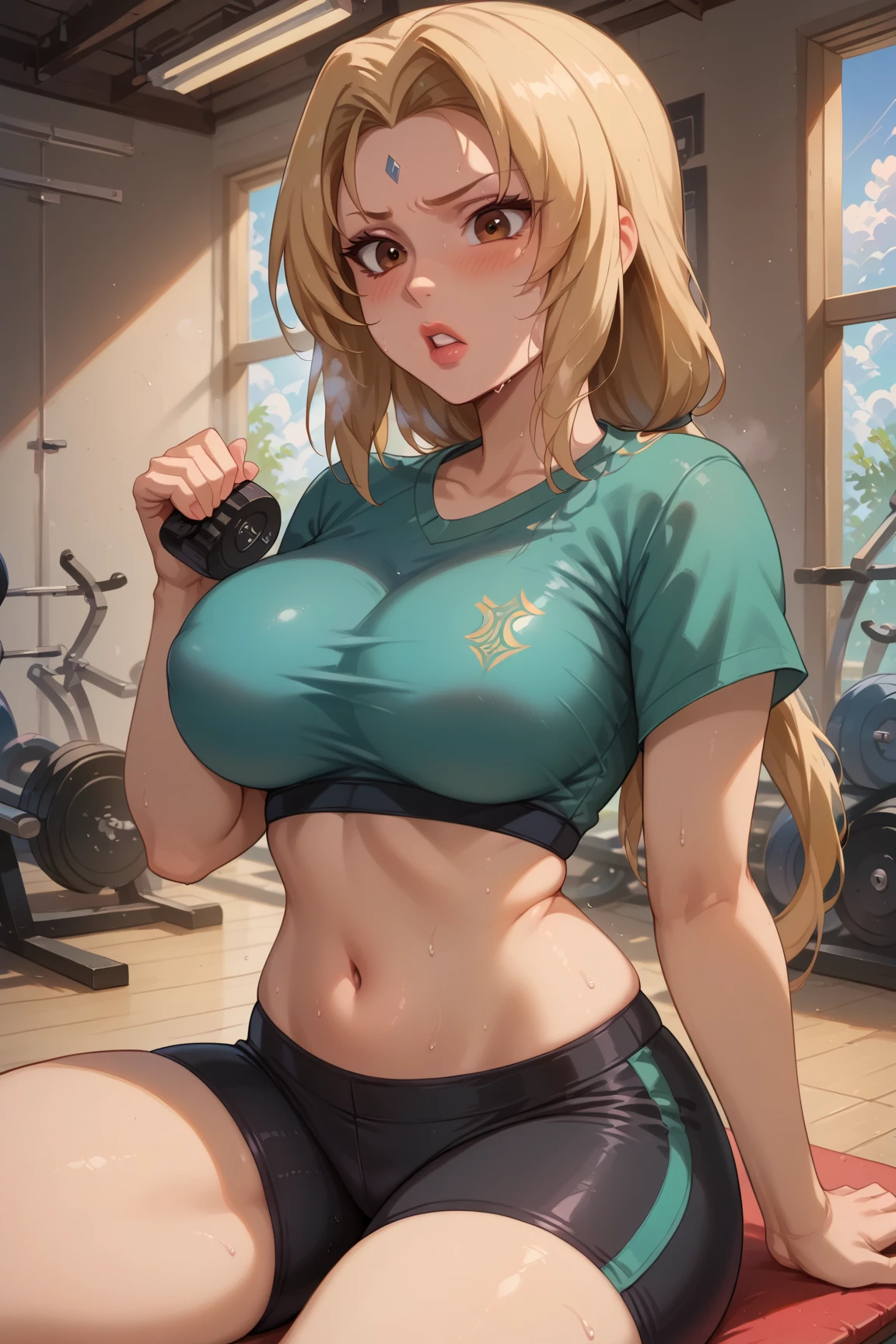 extremely delicate and beautiful, Amazing, finely detail, masterpiece, ultra-detailed, highres,best illustration, best shadow,intricate,sharp focus, high quality, woman, 28yrs, (Samus Aran), Samus, Samus from metroid, solo, long brown hair, curvy, milf, big breasts, huge breasts, (giant breasts), sexy body, genshin impact, sports bra, yoga pants, cutesexyrobutts style
