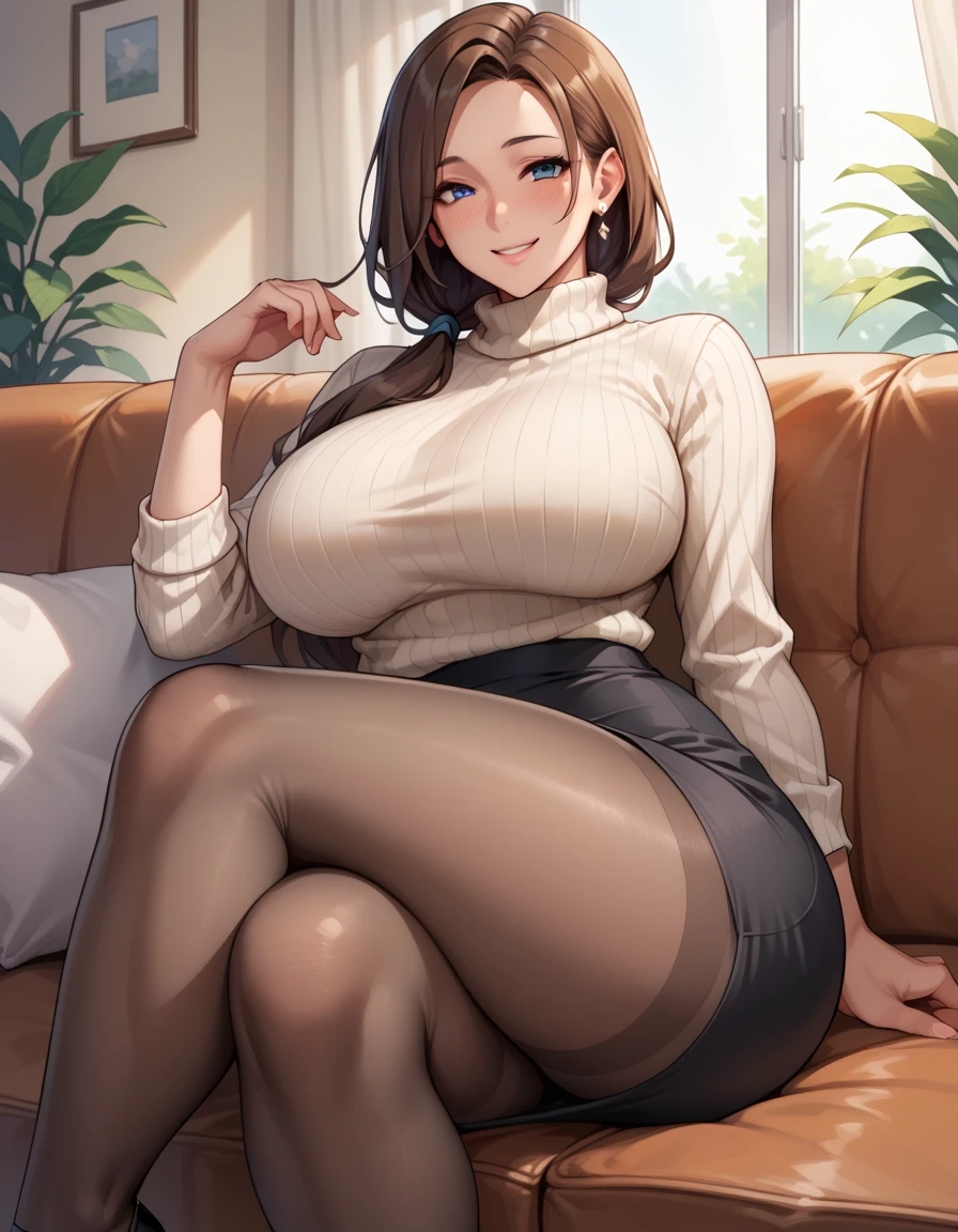 masterpiece, 1girl, black_pantyhose, black_shirt, brown_hair, breasts, chair, cleavage, crossed_legs, earrings, high_heels, indoors, jewelry, large_breasts, office_lady, pantyhose, shirt, sitting, skirt, solo <lora:ComboAndDoodles_Lora_AL_V1:0.9>