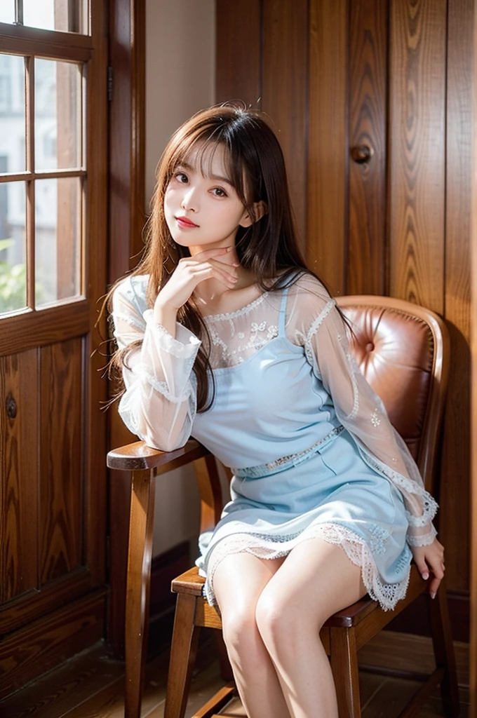 High Quality, Masterpiece, Highly Detailed, High Resolution, 4K, Ultra High Definition, Detailed Shadows, Ultra Realistic, Dramatic Lighting, 1girl, Solo, Detailed Face, Realistic Eyes, Realistic Skin, Dynamic Hair, Dynamic Pose, Dynamic Angle, White Flower Dress, White Background, ulzzang-6500-v1.1, (raw Photo:1.2), ( photorealistic:1.4), beautiful detailed girl, very detailed eyes and face, beautiful detailed eyes, ridiculous, incredibly ridiculous, huge file size, super detailed, high resolution, very detailed, best quality,
(Bright indoor), (soft light), (low contrast), (shallow depth of field), (portrait of a beautiful woman illuminated by gentle light), (extremely delicate and elegant depiction), (short length bangs), (hair color is a dark chestnut shade with a slight brown tone), (hair with a subtle and gentle wave), (small braids intricately woven on the side of long hair), (adorned with a thin ribbon), ( white blouse with small frills), (bow tie), (blue long skirt), (white short ankle socks), illustration, very detailed, CG, unified, 8k wallpaper, amazing, fine detail, best quality, Very detailed CG unified 8k wallpaper, face light, movie lighting, 1girl, 16 years old, ((no panties)), ((dynamic pose))), (camel toe), (half), (bent knees and legs sitting))