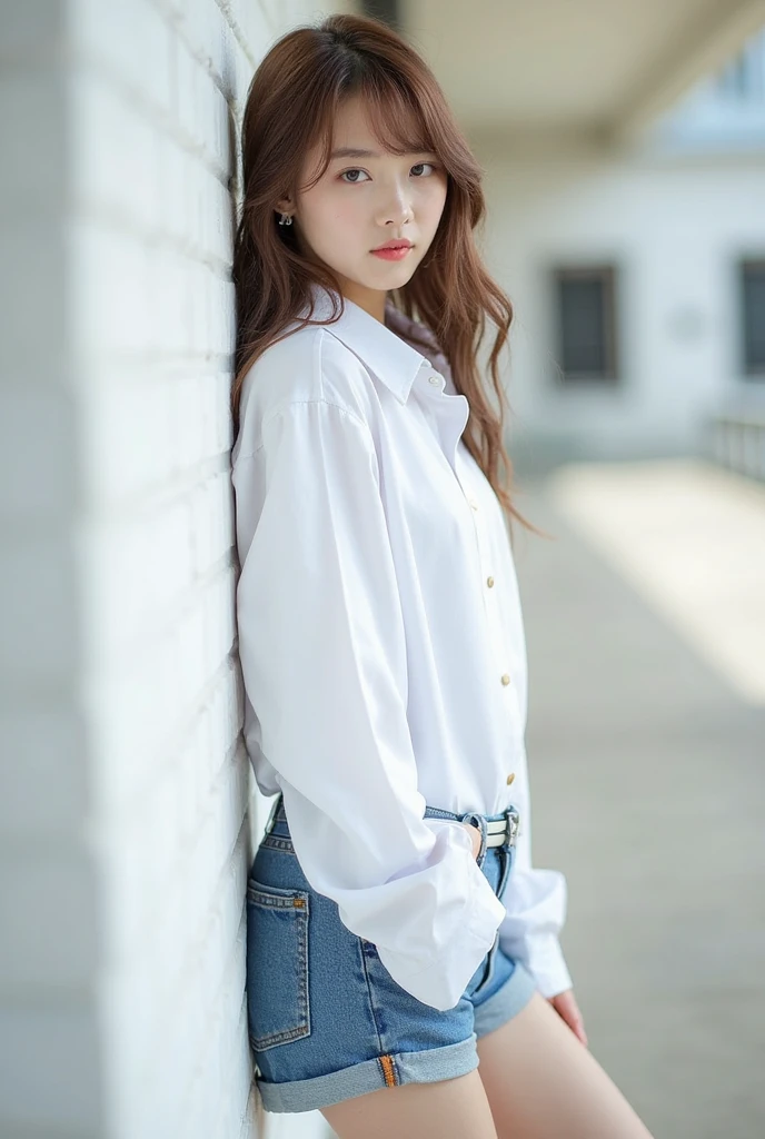 <lora:cuteGirlMix4_v10:0.9><lora:shirtliftALORAFor_shirtliftv1:0.1>,a  girl ,young, slim, dress shirt and jeans, White background