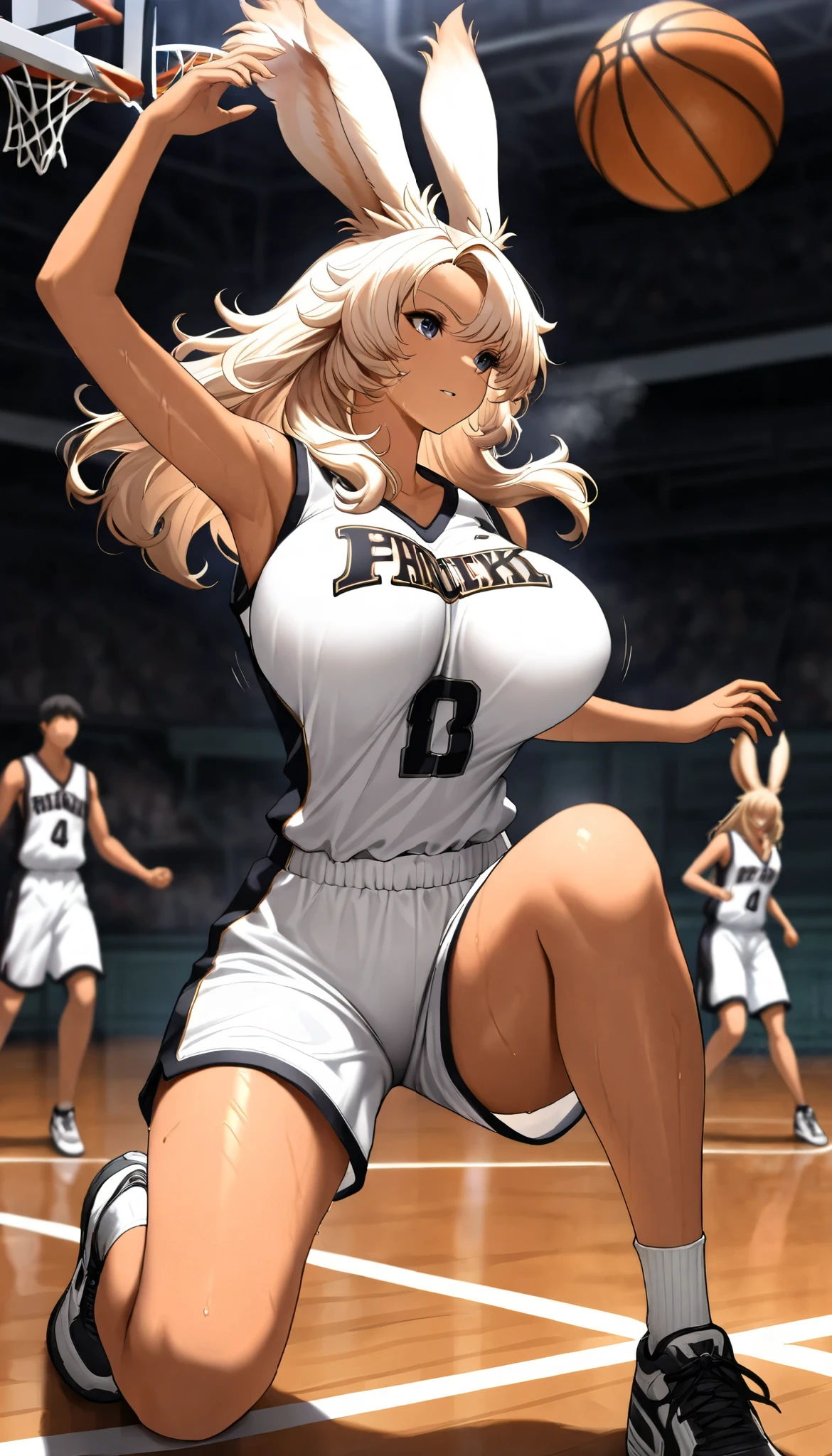 (((( masterpiece)))), (((( Highest quality)))), high resolution,fine grain, detailed face, A very detailed depiction of a face, detailed eyes 、detailed face、Detailed hair 、 sparkling skin 、sweat、viera, Basketball Players, [UNIFORM, , action, big bulging breasts , full body shot