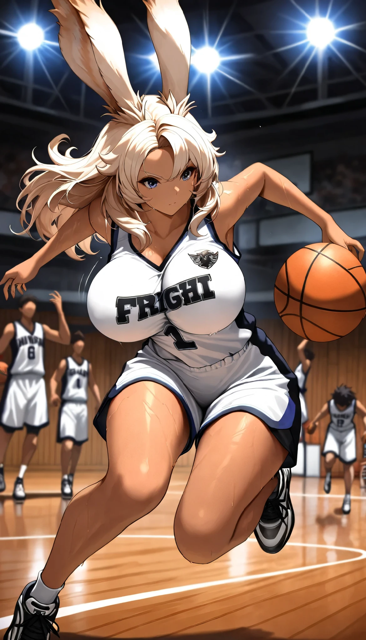 (((( masterpiece)))), (((( Highest quality)))), high resolution,fine grain, detailed face, A very detailed depiction of a face, detailed eyes 、detailed face、Detailed hair 、 sparkling skin 、sweat、viera, Basketball Players, [UNIFORM, , action, big bulging breasts , full body shot