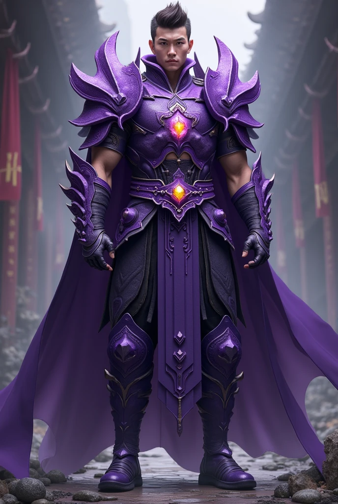 A clerk,an asiatic human,with purple spiral-shaped armor,using a dagger curved to the left side,brooding,with a man's body