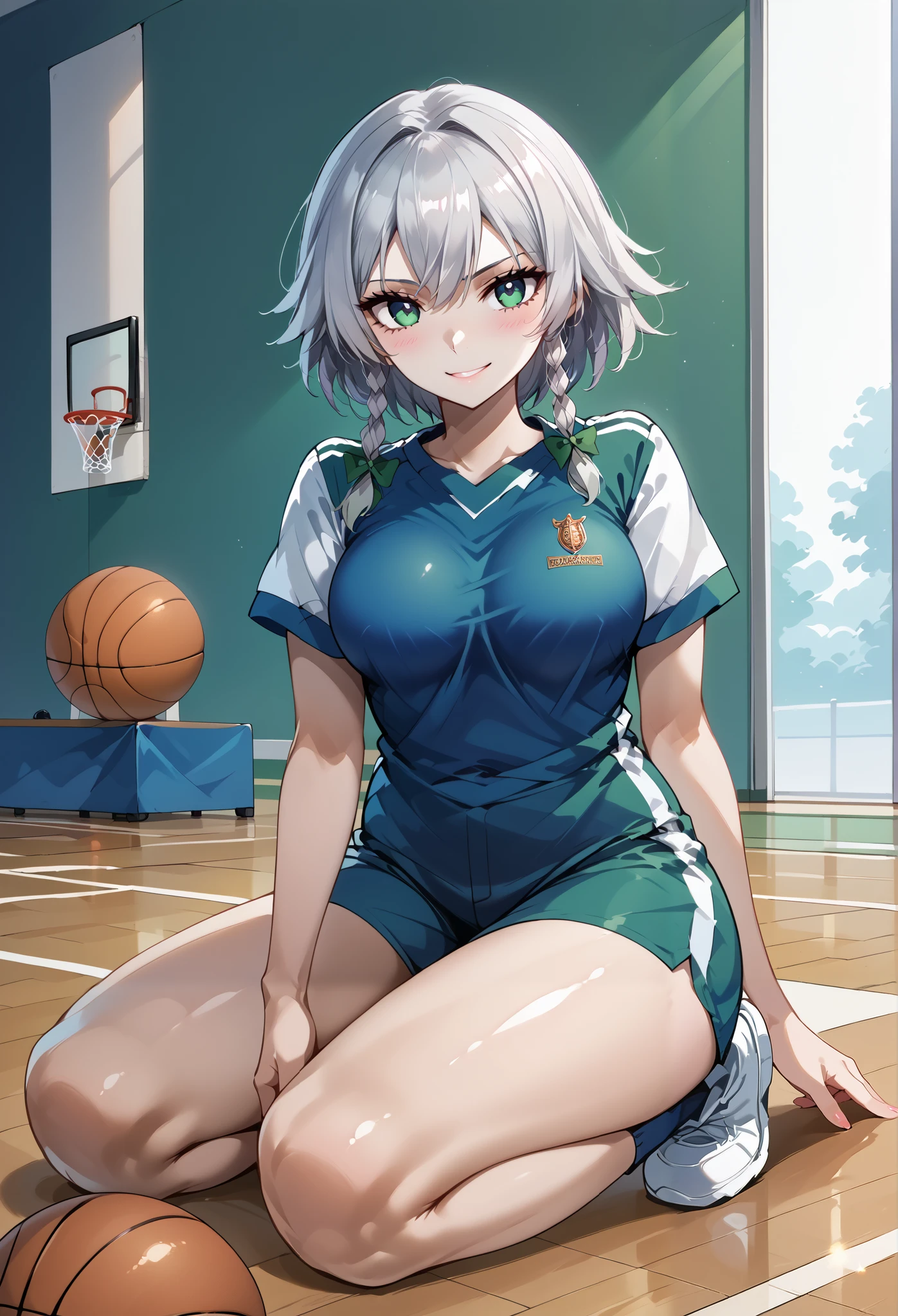 score_9, score_8_up, score_7_up, source_anime, 4K,perfect fingers,(perfect hands, perfect anatomy),prefect lighting, very aesthetic, intricate details,highly detailed background, masterpiece, high quality, best quality,
1girl,solo, izayoi_sakuya,silver hair, twin_braids ,Large Breast,
wearing ((NBA uniform、non nude, )) ,,
nsfw、Basketball Players, with a smile、(big on the floor:1.3)、Tall、nsfw、((pale skin))、abs、(heavy body)、highres icon、8k,