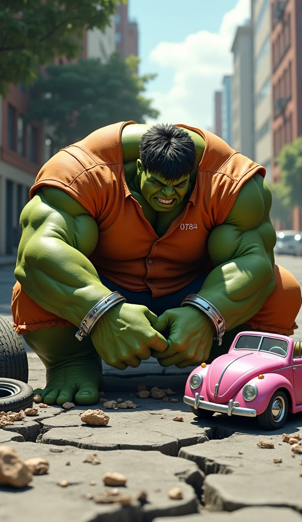 Hulk America as a racing car driver next to his car with a driver costume and helmet in hand and near to his son as a racing car driver next to his car with a driver costume and helmet.