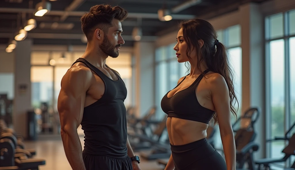brunette and voluptuous girl, of Spanish descent, at the gym talking to a man, 4K, highly realistic