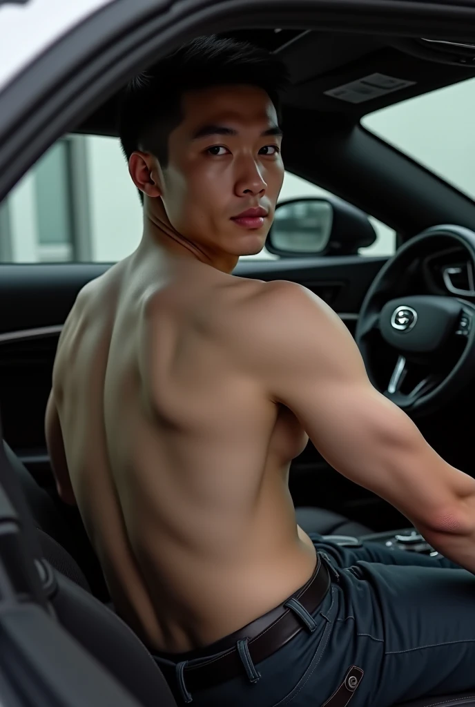 a naked man, Outdoors during the day、In underwear、?????、gas station、sports car、 shirtless , realistic handsome Korean face , modest muscles , masterpiece , A high resolution、hyperrealism、detailed face、solo、a men、glowing skin、(Asian)、(young、teenager)、Handsome、detailed background