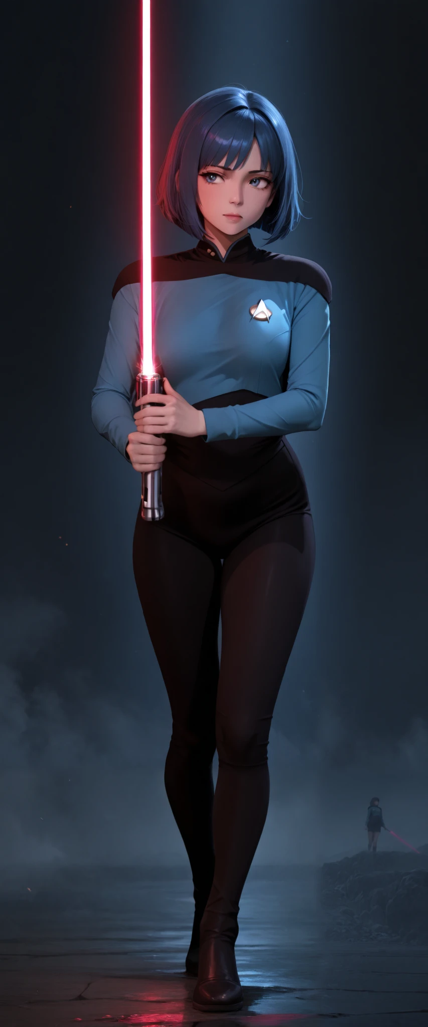 fullbody, masterpiece,best quality, solo, in TNG blue uniform,red zzLightSaber
