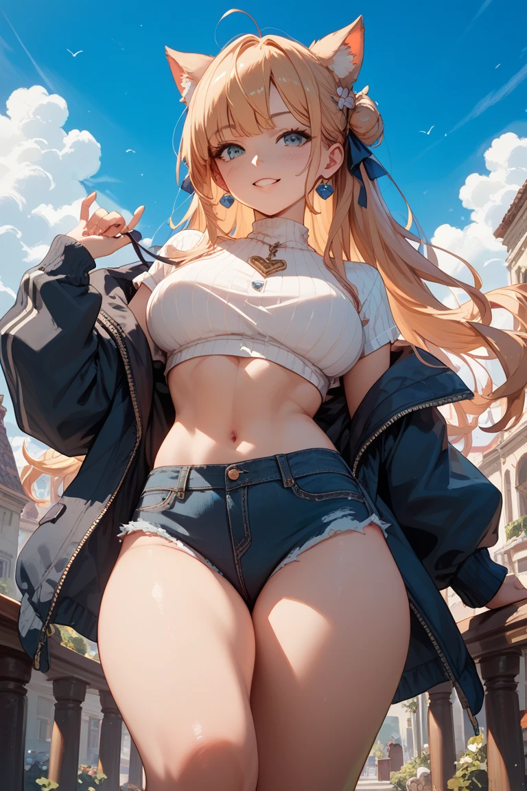 (((Perfect photo))), One Girl, alone, , Azusa Nakano, , Jacket, View your audience, smile、((濡れたBetween the legs)), SFW with hidden breasts, Big ample breasts!, SFW Big, Beautiful and seductive anime woman, Big ample breasts!!, Bust ratio adopted, Highest quality, Official Art, Best Anatomy, ((Pink micro sports bra and pink micro shorts,:1.5))、Glowing Skin、Cowboy Shot, (Extreme close-up of the cliff from below)、(((From below、Between the legs,Focus the head, chest and legs in the center of the screen.:1.8)))