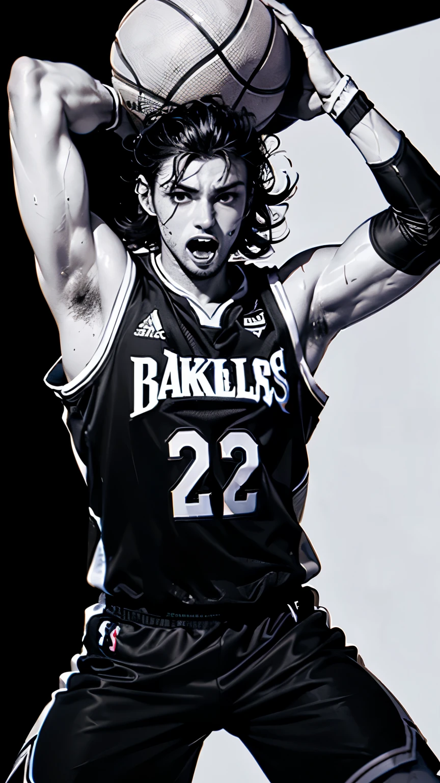 (black, monochrome background:1.4), ultra detailed, 8K high resolution, ultra detailed illustration, sharp shadows, highest quality, upper arms, shiny skin, navel, intense action, making dynamic feints while dribbling a basketball, muscular, sports athlete, focused, powerful, macho, white skin, red nails, slender body, 20 years old, black hair, purple inner color hair, medium size chest, (basketball uniform:1.6), (thin thighs:1.4), accentuated thighs, wide open mouth, beautiful teeth, detailed skin, healthy sweat, portrait