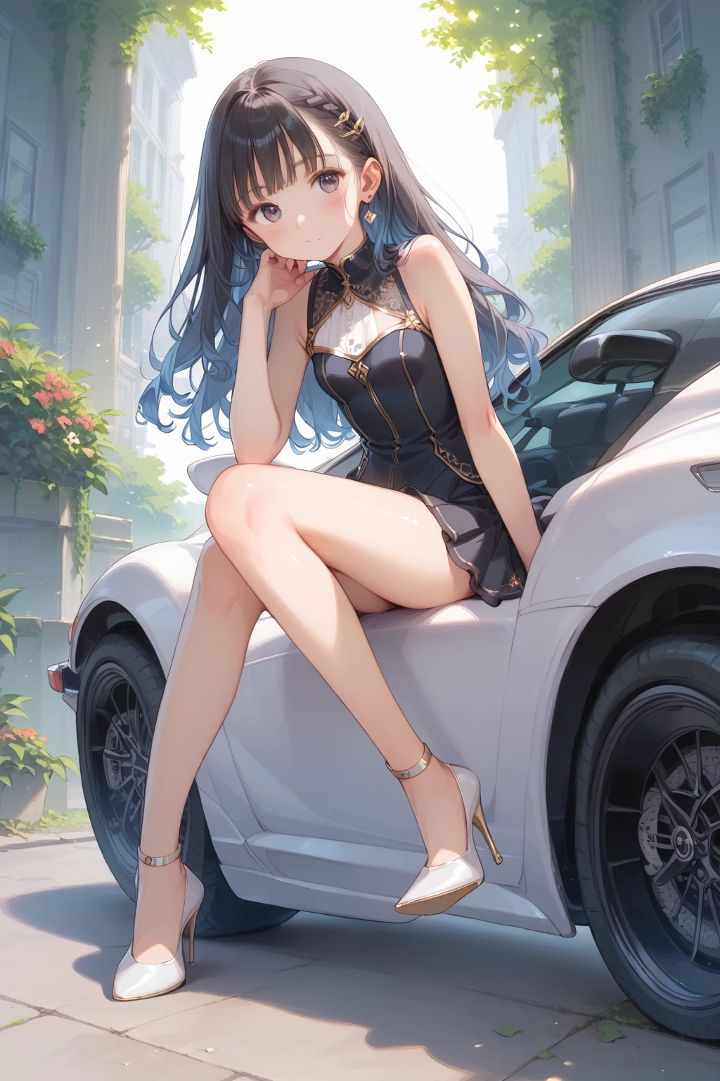 (obra maestra) (La mejor calidad) A beautiful young woman travels in a hypersports car with high displacement and beautiful lines.. La chica es muy bonita y lleva un vestido glamoroso y juvenil, Pero tiene un aspecto rebelde con tatuajes y cadenas de oro alrededor de su cuello.. El coche se ve perfecto y es de un estilo de lujo italiano moderno en la gama de coches hiperdeportivos.. They're parked on a Hollywood street of luxury shopping. Perfect professional photography. High-end DSLR camera.