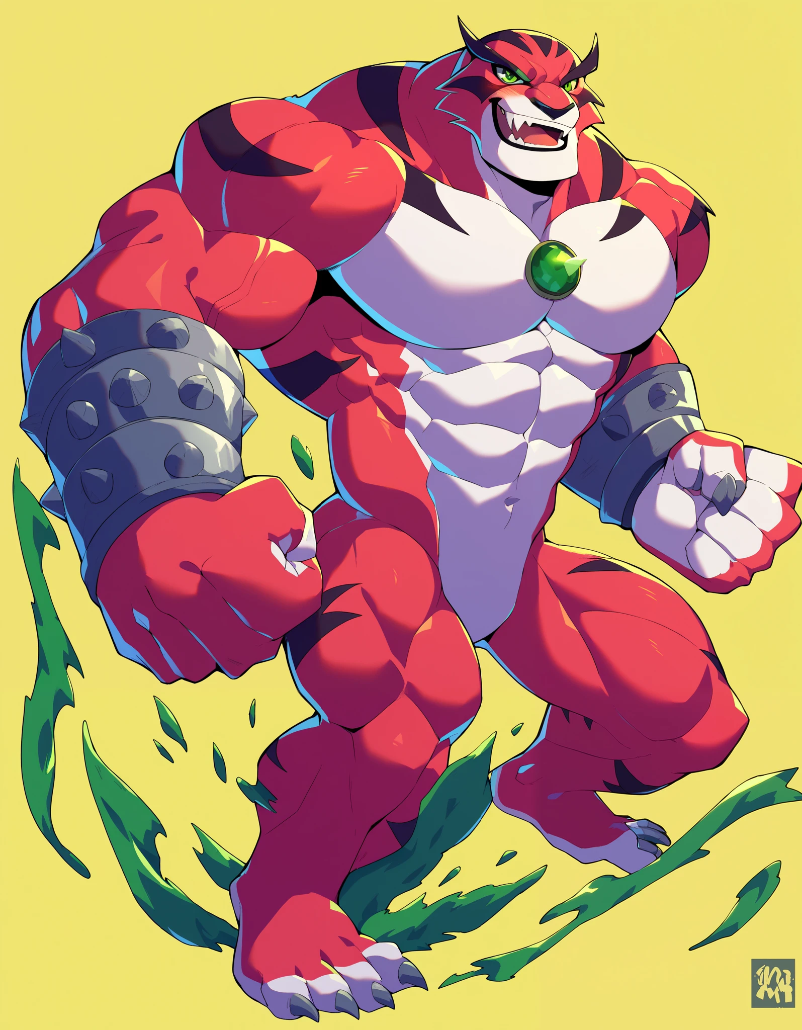 score_9, score_8_up, score_7_up, source_furry, solo, {{{rath, fangs, green eyes, without pupils, without tails}}}, adult, bara, naked, expose waist, expose crotch, muscular,((full body:1.3)),{{{In good physical shape, balance physical, balance muscular}}},perfecteyes,one hand on hip, yellow background(lighting symbols behind),perfect hand fist anatomy,perfect detailed fingers anatomy++,{{focus on 4 fingers}}+,brawl,open mouth,grin,show half teeth,look at the viewer,blush,{{perfect onmitrix logo on center of the chest}}+,2d,2d model, anime, focus 2d, wyatt