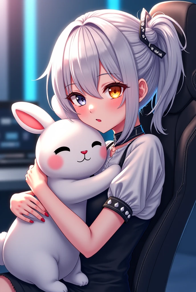 Anime girl with long white hair and red eyes wearing a bunny suit sitting playing video games and the background of the image being white