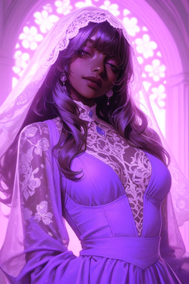An 1800s theme cinematic photo of an enchanting and alluring African American woman, resembling Halley Berry, who exquisitely beautiful, in high-contrast, warm-toned digital photography, capturing the subtle dance of light on her porcelain skin. Her delicate features are rendered in lifelike precision, from the whisper-thin eyelashes to the full, rosy lips, against a backdrop of soft, gradient blues and purples, evoking a mystical, dreamlike atmosphere. Vibrant crimson accents adorn her luxurious, flowing attire, imbuing the scene with a sense of opulence and mystique, as her piercing emerald gaze beckons the viewer into her intimate, mystical realm.