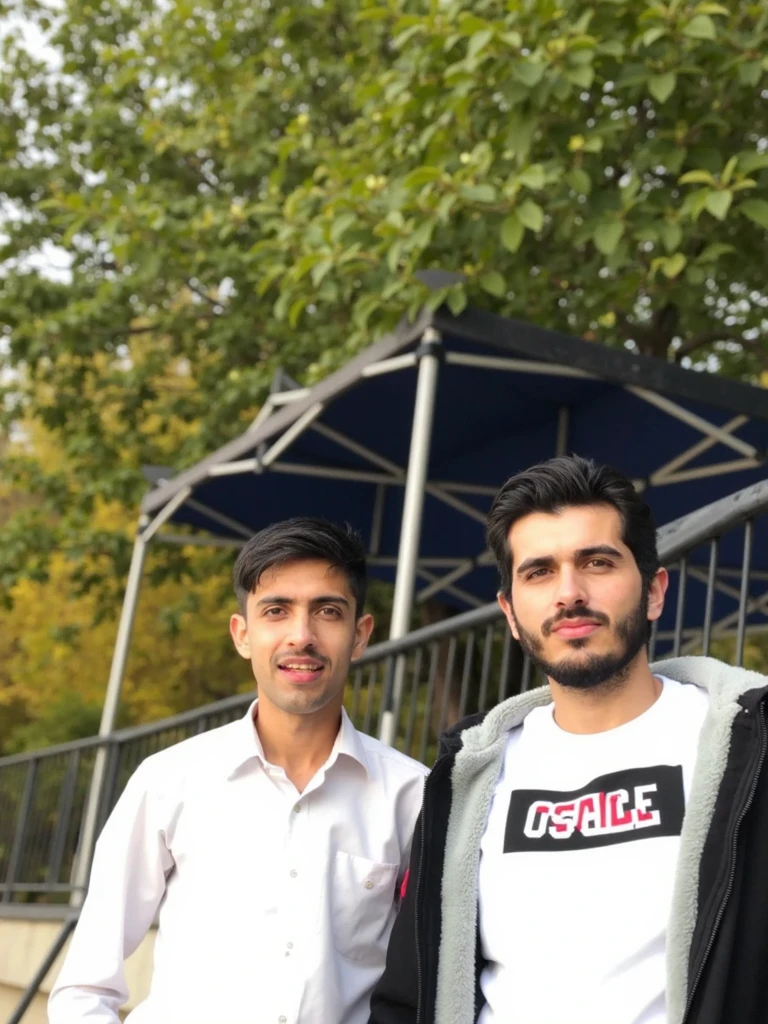 there are two men sitting at a table together in the park, very very low quality picture, taken with sony alpha 9, ghutra and egal, portrait mode photo, very clear picture, taken with the best dlsr camera, photo taken with sony a7r camera, with mountains in the background, shot on nikon z9, with a park in the background