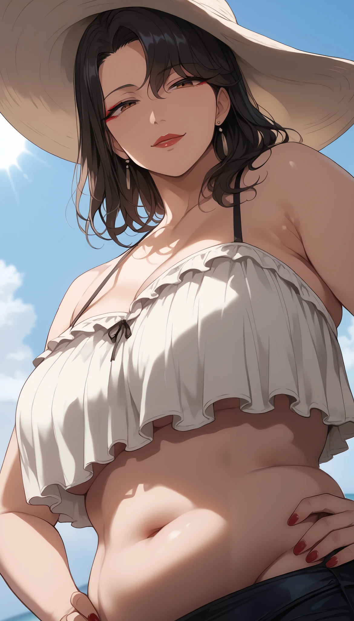 core_9,score_8_up,score_7_up,),score_9,score_8_up,score_7_up,{{anime, low angle, upper body, Dutch Angle, source_anime, outdoor, strand, sea, colorful, vibrant, blurry background, viewers, solo, crowd}} mature women, , Japanese, white skin, plump, big on the floor, mature eye , housewife, red eyeliner, gentle eyes, black hair, kakiage bang, brown eyes, medium hair, side lock, ruffle bikini, sun hat, kind smile, puts hands on hips、(seductive smile:1.5)