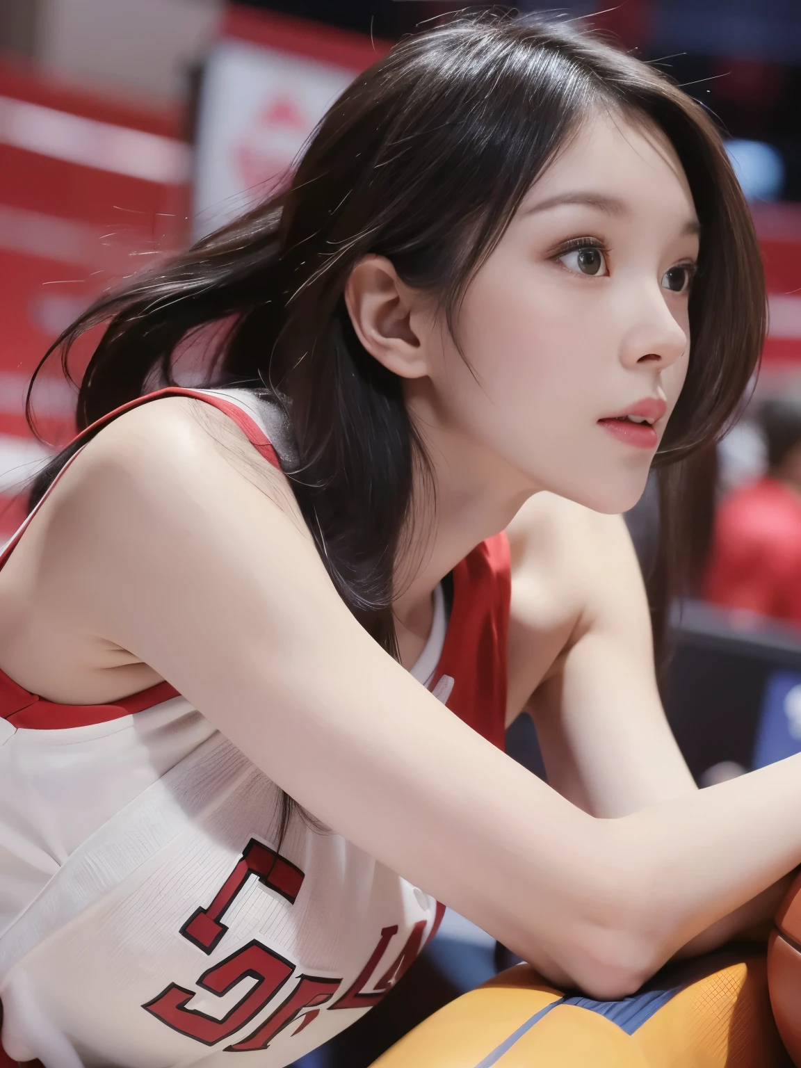 Female NBA players, dribbling on the court, Dynamic, enthusiasm, front view,(( masterpiece)), ((is the best quality)), (ULTRA DETAILED), ((beautiful eyes)), Japanese women, (slim:1.3), (( 30 years old)), beautiful,