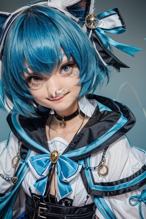 real girl with blue hair and a white blouse in a room, rem rezero, short blue haired woman, anime moe artstyle, loli, 8k!, rin, 8k!!, splash art hd loli, fulvisual of a cute girl, sayori, mercalidad girl in a maid costume, small curvy loli, tsuaii, hana yata,Face restoration,high definition,hyper realistic photography 4k full HD, with hyper realistic details,8k,Best quality,masterpiece,ultra detailed,official art,full body 8k extremely carved,fondo de una ciudad de fantacias de alta calida