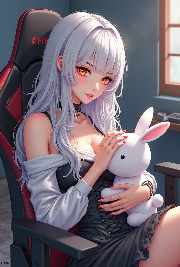 Cute sexy girl, White hair, Bunny Girl,Large Breasts,Surreal, Detailed lighting, Japanese Animation