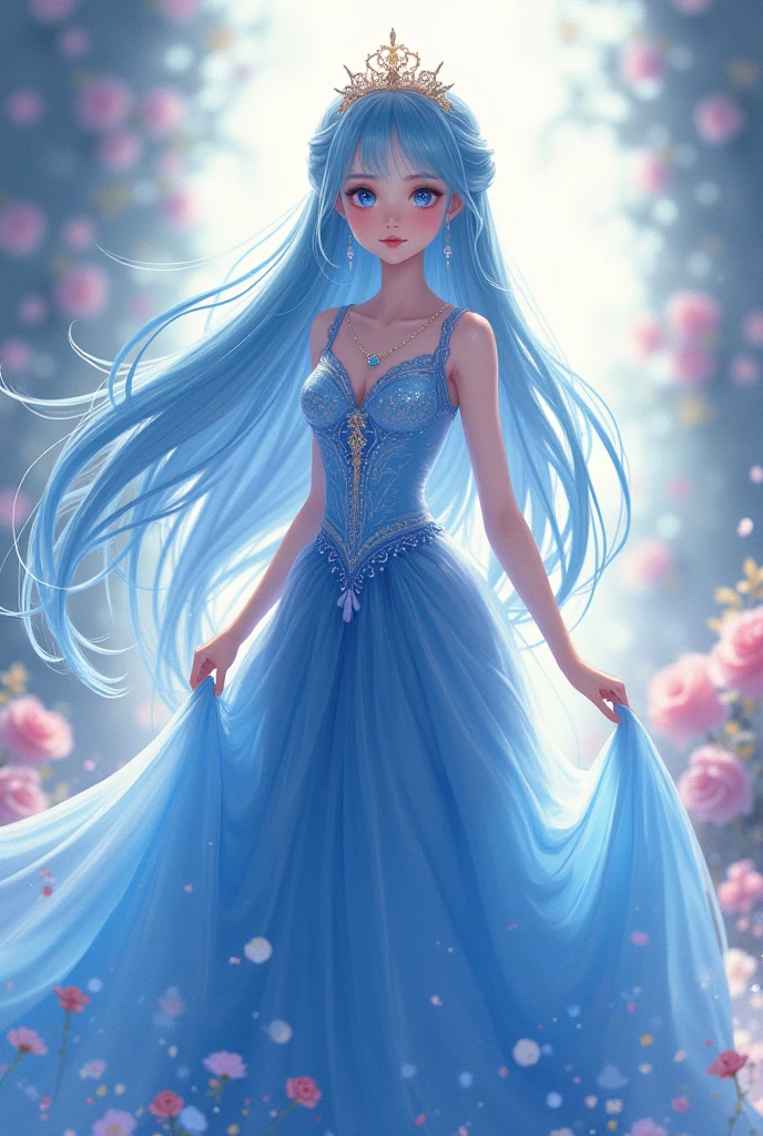 Draw an 1 anime princess with blue curly hair, blue eyes, wearing a white princess dress and a blush mark on her cheeks