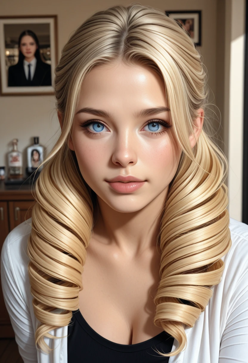 Detailed woman face looking at camera., blue eyes, labios rojos gruesos y calientes, boca abierta con sensualidad, corregir dedos deformes, fotorrealista, ojos afilados