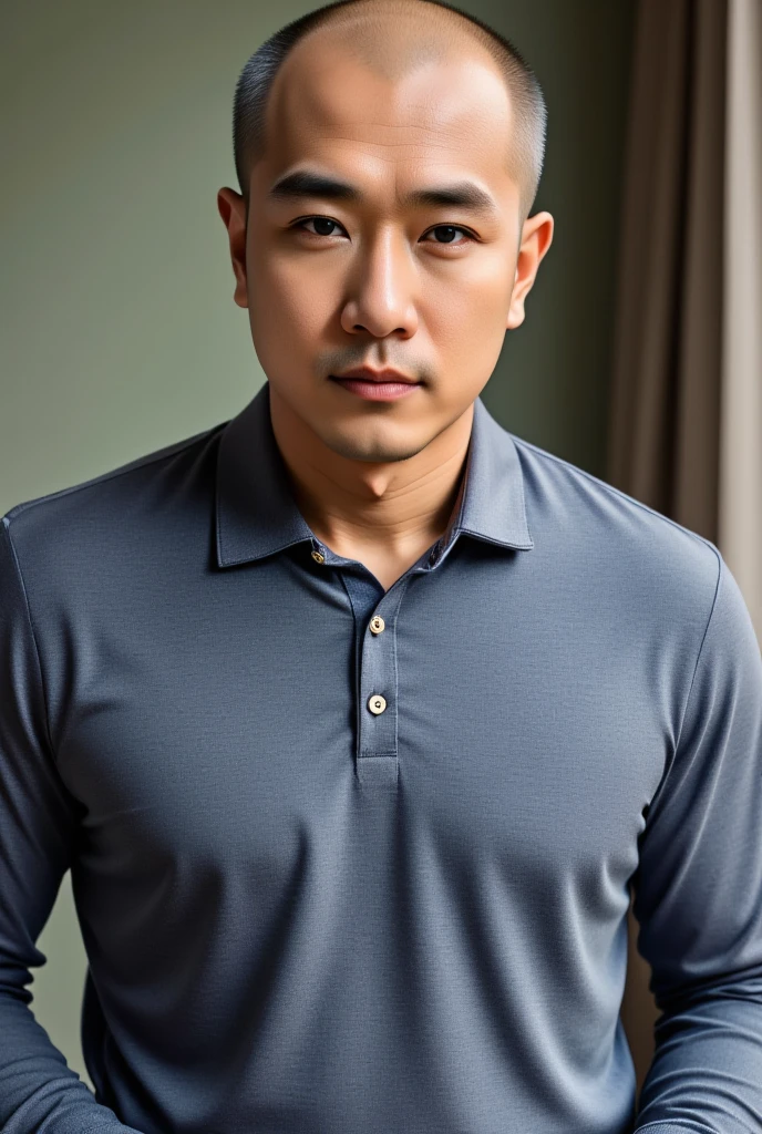 1man, Sitting on the chair, short hair, flat and wrinkle free, Chinese, Blue polo shirt, looking at the camera, posing in the style of fashion magazines, UHD, super detail, textured skin, masterpiece, highres, high quality, best quality