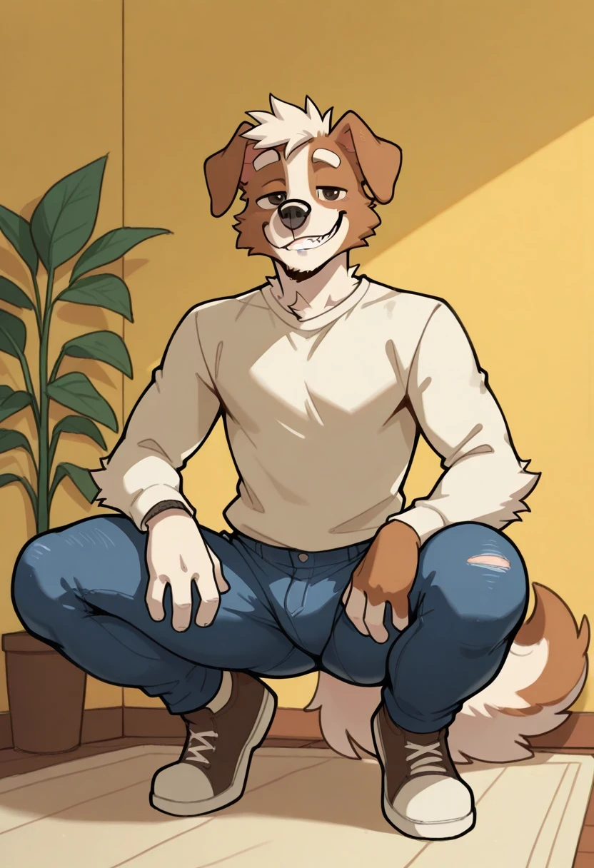 better quality, amazing quality, very aesthetic,  absurd, new , Michi_(Oc), by gr3yyy  , room,   Plants, REST, seductive look, ojos negros
  hairy, 1 , Alone ,   hairy male, male focus,   hairy, animal ears, dog ears, dog boy  ,  yellow, tight jeans, En cuclillas , En cuclillas, The Bloody Scene, fluffy tail, flirty expression, smiling, brown eyes, squatting, open legs