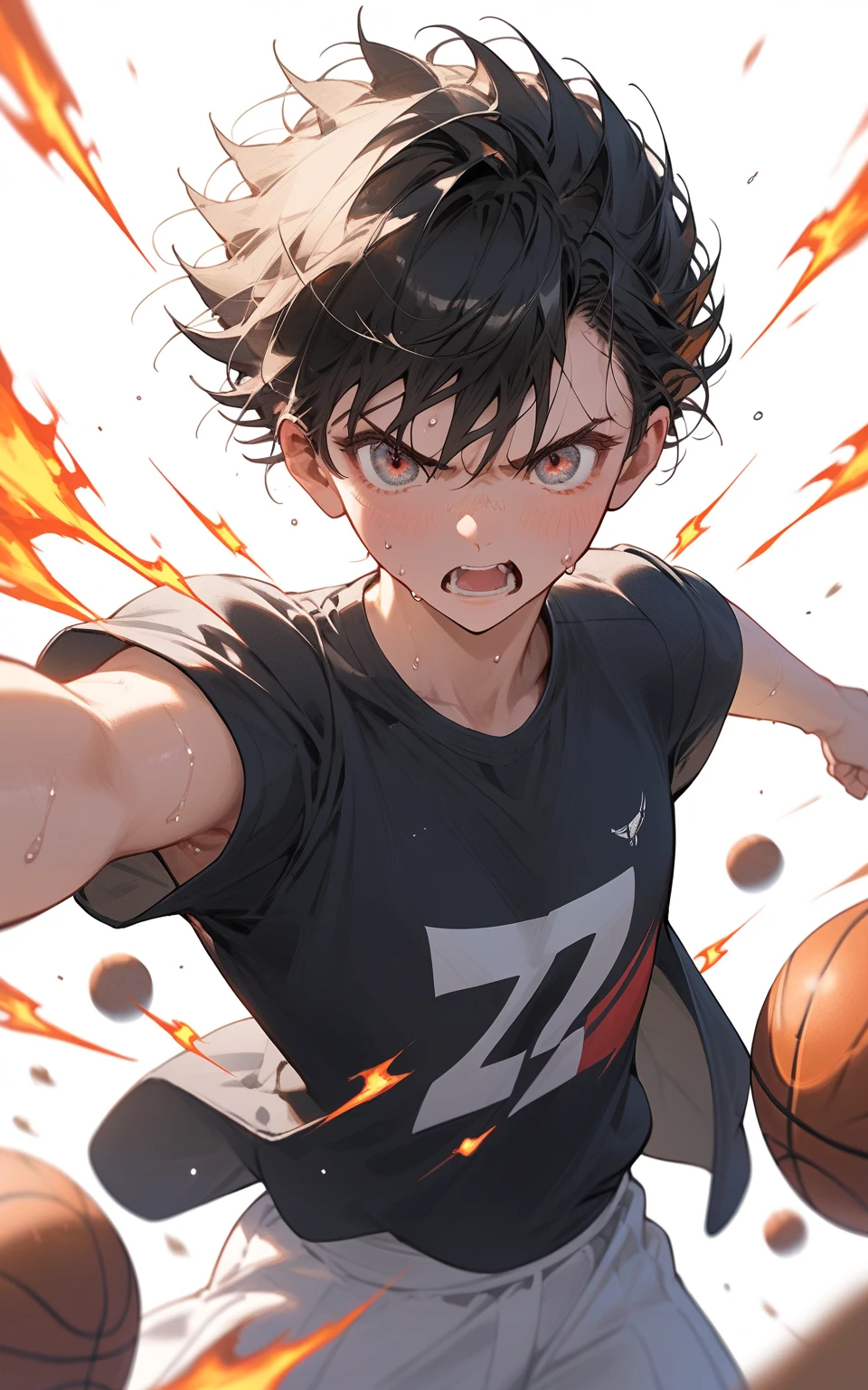 NBA FINAL：決勝のダンク！
Prompt:
"In a dramatic NBA Finals moment, a young, determined shooting guard in a red and black jersey soars high above the court, preparing to slam dunk with raw power. His intense expression, sweat glistening on his face, captures the fire of competition. The background is filled with thousands of roaring fans, their blurred faces emphasizing the movement and speed. The dynamic anime-style linework, intense shading, and dramatic lighting create an action-packed scene reminiscent of classic Slam Dunk illustrations, blending manga-style motion lines with a semi-realistic basketball aesthetic."