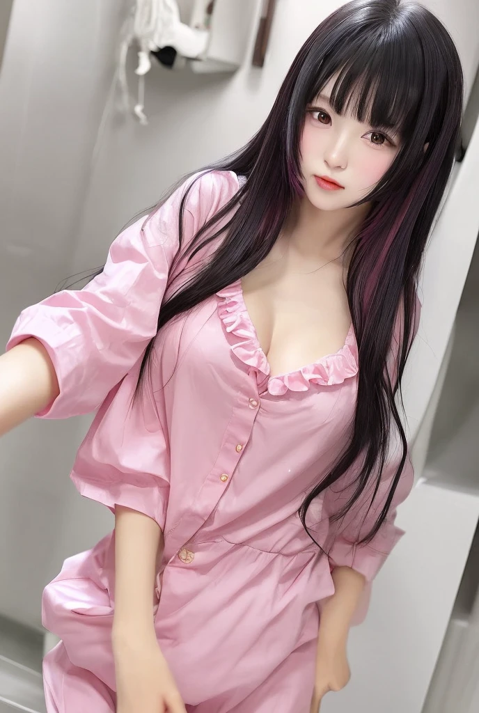(Safety Sensor、SFW:1.8, Approved as safe、Can be viewed:1.8),masterpiece、masterpiece、Highest quality、Highest quality、Accurate the human body、Lighting to suit the mood、Accurate、Elaborate、masterpiece、Exquisite facial details、Detailed Background、Background Blur、detailed and beautiful background、Accurate 5-finger、Accurate human body、Perfect human body、
break、

Many ear piercings,Big cleavage、slim, (kind, Goddess-like eyes, happiness: 1.2), (Lip gloss, eyelash, Terrible face, Wide Lighting, Natural Shading), (Jirai Girl:1.5, jirai makeup:1.3, Sparkling glitter eye makeup:1.2), Ecstatic face、(Sensual ecstatic smile:1.5)、Long, straight black hair、Heavy bangs、
break、
((((All these pajamaade from super soft fleece material.:1.8, zetai ryoiki, All these pajamaade from super soft fleece material:1.8, Mini shorts:1.3, Dark white & Pink horizontal stripes)))), 
break、
sexy sitting on the bed、(Big Breasts),Dark bedroom:1.8、Love hotels in Japan:1.8、Bold Pose、sexy、Sensually、(Dim lighting:1.8, Dark Room:1.8)