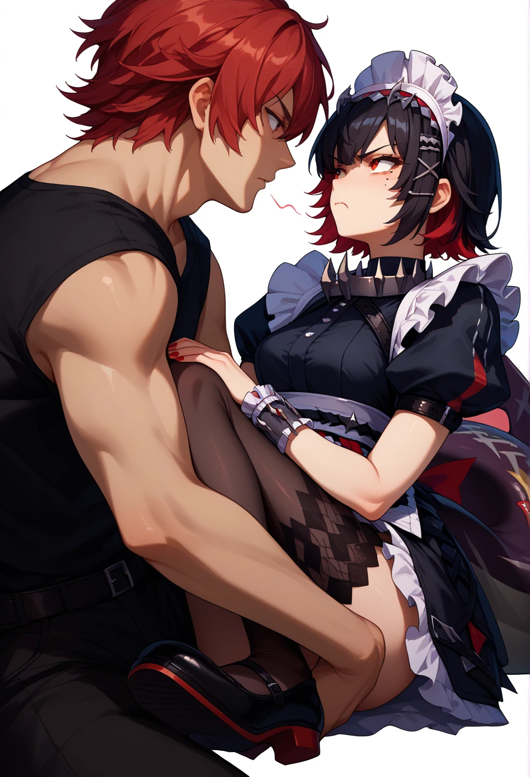 (((masterpiece,Highest Resolution,4K High Resolution,Crisp image quality:1.3)Pussy juice(Detailed Hair,garter belt,One Girl(Large Breasts) ,Maid,, Wrist cuff, Maidheaddress, Red eyes ,Two-tone hair with red on the inside,high school student,Vaginal cross section,(A situation where a man and a girl are having intense sex)