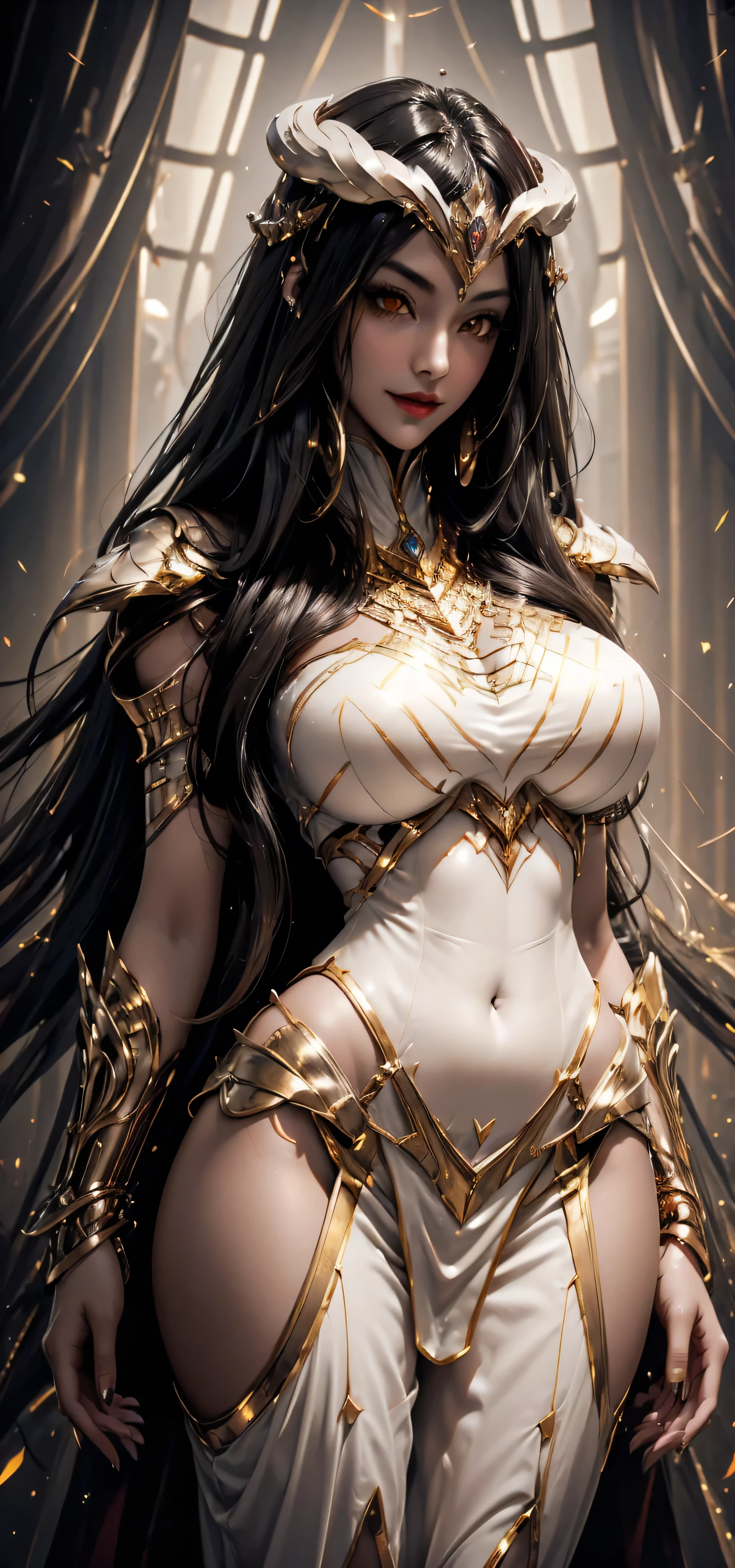 black hair, bare shoulder, red eyes, very long hair, cleavage, large breasts, dress, showgirl skirt, high-leg, cleavage cutout, tiara, bare thighs, gauntlets, bare shoulder, ((((((bare nails, bare fingers, bare hands, good hands, best hands, Correctly aligned fingers, extremely detailed hands and fingers, ultra detailed hands and fingers, super detailed hands and fingers, perfect female hands and fingers, biologically accurate hands and fingers, 4 fingers and 1thumb accurate hands and fingers, beautiful hands and fingers, hands and fingers drawing, human hand and fingers, perfect arrangement of fingers, detail focus hands, perfection hands)))))), adult face, fearless face, both arms, two arms, both hands, two hands, super fine illustration, masterpiece, masterwork, by famous artist, official art, ultra high res, best quality, high quality, Hand, detailed, perfect, perfection , hands, betterhand, both hands is Thumb and index finger and middle finger and ring finger and little finger, symmetrical hands, even hands, (((panties))),
