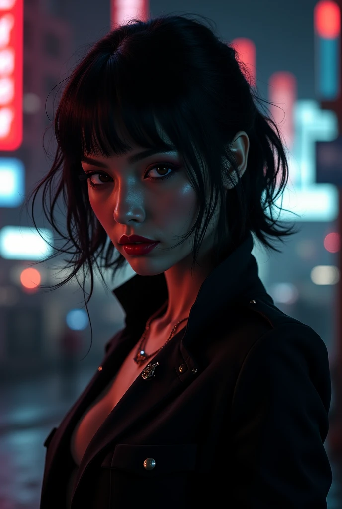 woman, black hair, casual clothing, large bust, wide hips, looking at the camera, phosphorescent lights in the background, photorealistic