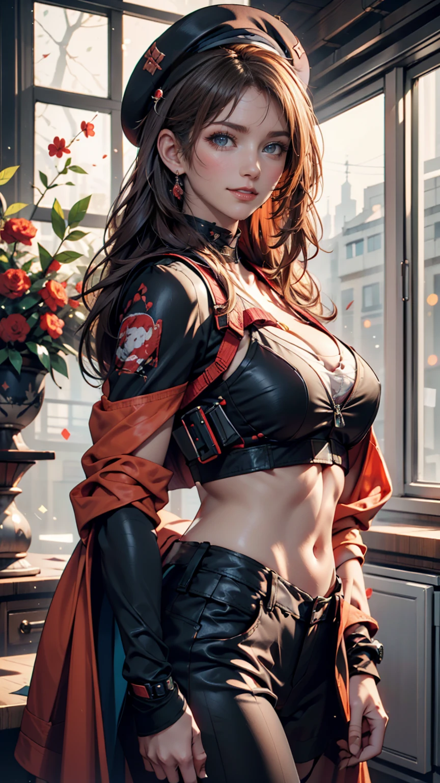 beautiful, masterpiece, Highest quality, Highly detailed face, Perfect lighting,One girl, alone, matoi ryuuko, Seraph of the Black, Black Skirt, Redhead, senketsu, Torn clothes, Underbust