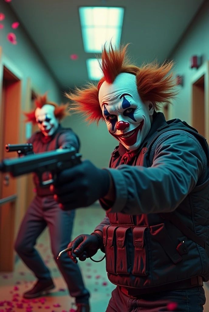 A robotic killer clown in a jester suit and green eyes with metal claws and an animated musket
