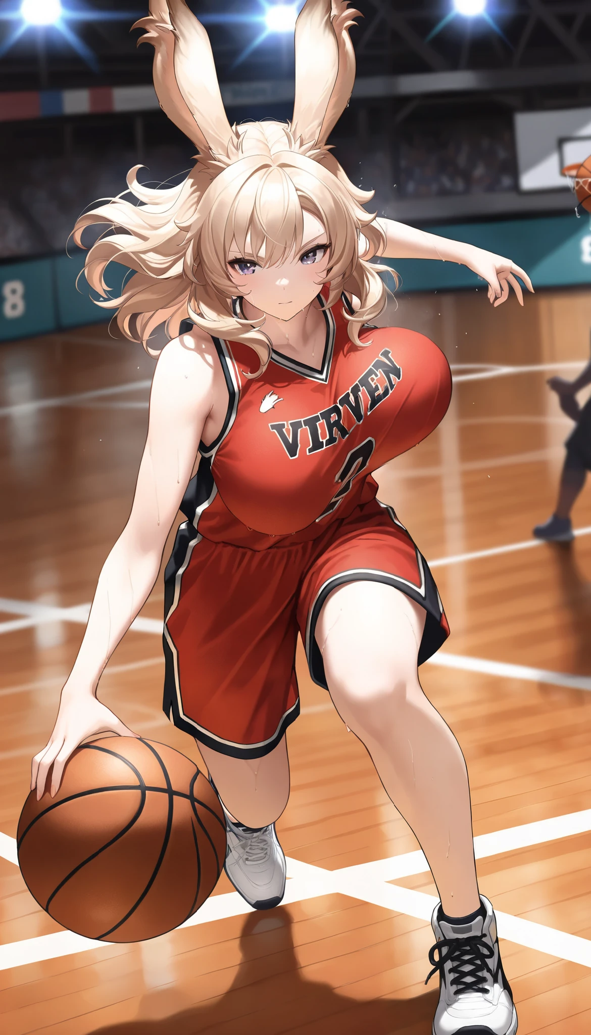 (((( masterpiece)))), (((( Highest quality)))), high resolution,fine grain, detailed face, A very detailed depiction of a face, detailed eyes 、detailed face、Detailed hair 、 sparkling skin 、sweat、viera, Basketball Players, [UNIFORM, , action, big bulging breasts , full body shot