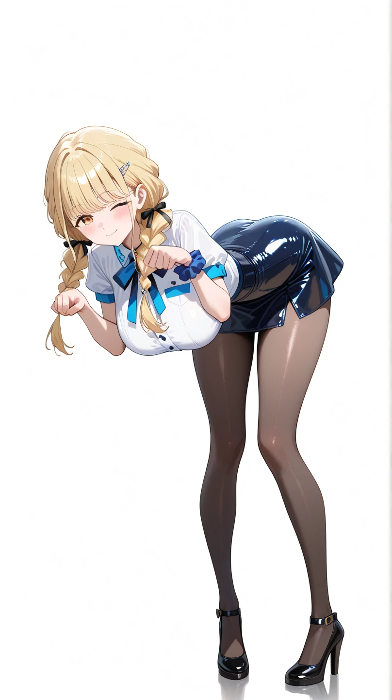 ((masterpiece, best qualtiy, hdr, 8k)), 1girl, solo, (kamio misuzu), AIR, blue eyes, long hair, blonde hair, ponytail, white ribbon on hair, air school dress uniform, black bodycon dress, light yellow shirt, red tie, extra long socks, black socks, black boots, ((vending machine background)), ((traditional japanese store background)), sunny, (average breasts), full body, average thighs, detailed legs, flexible, (standing on one leg:1.2), (standing split:1.3), (hand holding one leg up), (seen from below:1.2), showing white panties
