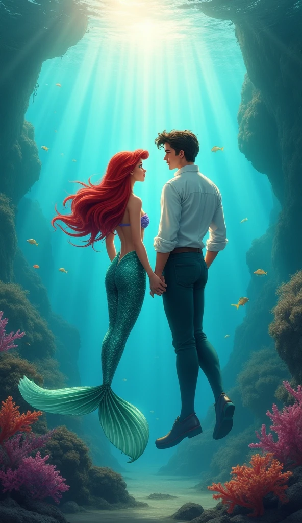 Scene 7: Leo and Lyra’s Life in the OceanPrompt: A vibrant underwater scene where Leo and Lyra, now both merfolk, explore the ocean together. They swim hand in hand through a beautiful coral reef, surrounded by colorful fish, sea turtles, and playful dolphins. The sunlight filters through the water, casting dappled patterns on the sea floor. In the distance, you can see a grand underwater cave, adorned with pearls and sea plants, which serves as their home. Their faces are filled with joy and love as they navigate their new world.