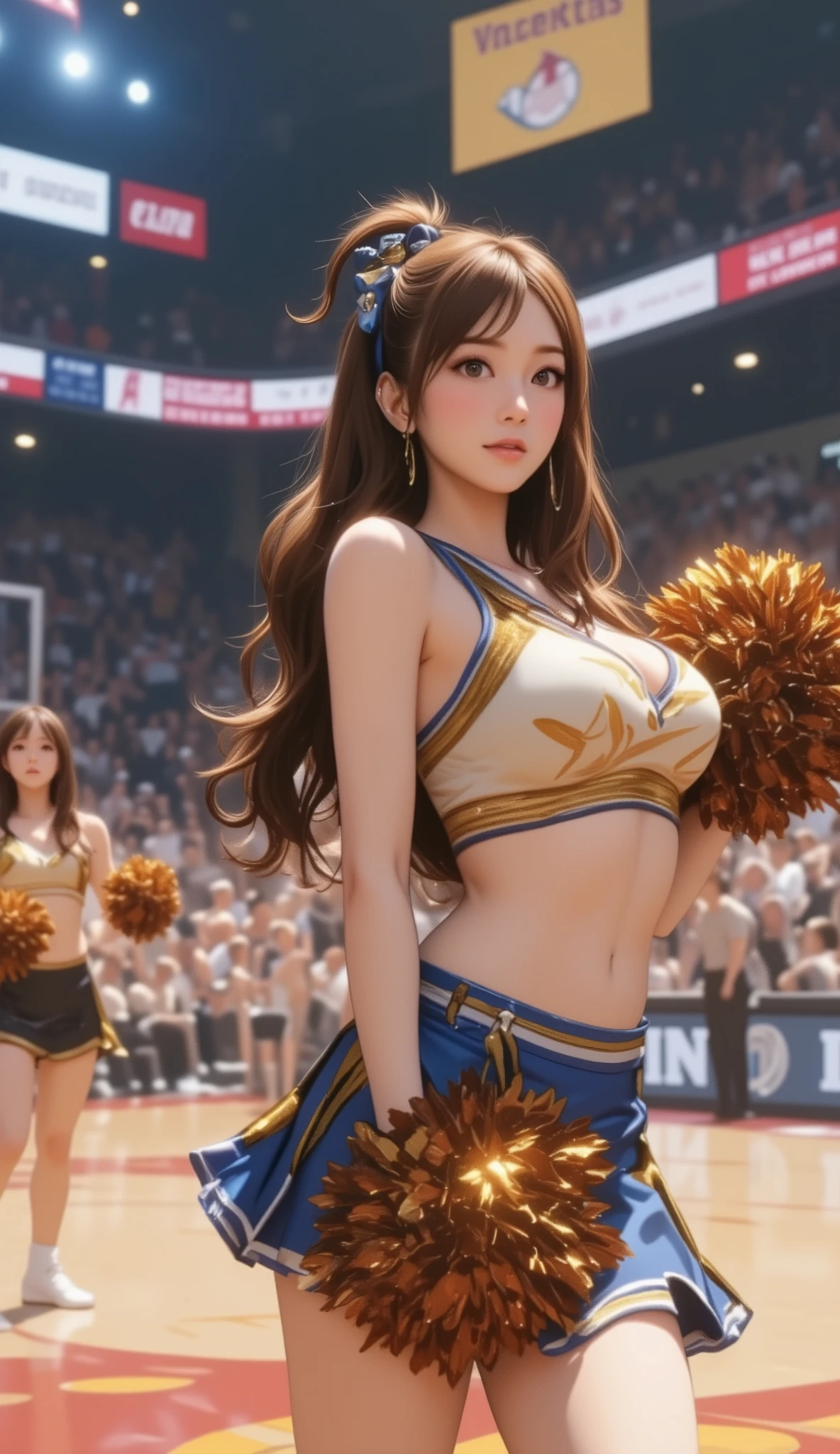 (anime NBA, チアリーディング:2.0),,(8k, Highest quality, masterpiece, : 1.2), atmospheric perspective , 8k, very detailed, accurate, Highest quality, masterpiece, very detailed,Sharp Focus , high resolution, (Basketball Uniforms:1.9), ((sweat, Sexy Girls, Big Breasts, Deep cleavage, bouncing breasts:2.0)), (バスケットコートでチアリーディン:2.0), .