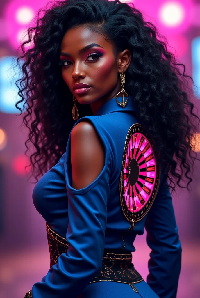 objective, dark skin Woman Goddess with tapered tiny waist, sweater dress with neon leggings, 8K UHD, thick feminine curvature in lower body, immaculate jewelry, stunning volumetric lighting, no , cellophane couture, Versace, Gucci, high details, face like Angela Bassett × Megan thee Stallion, thin waist:2, long neon braids with silver highlights, no  